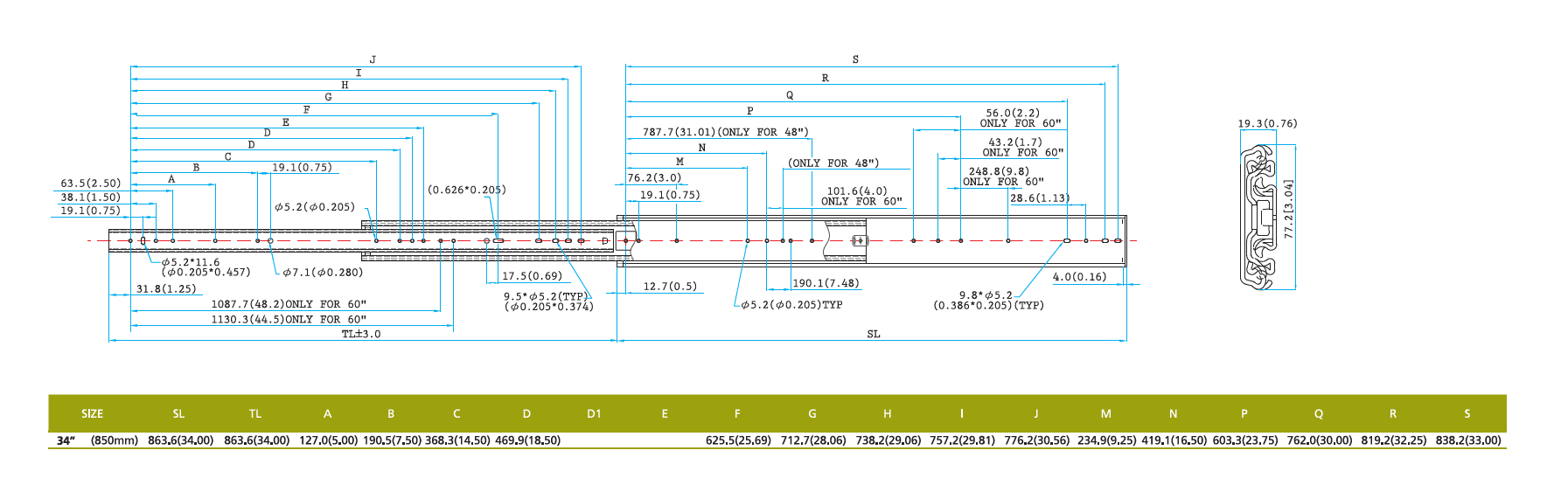 Drawer Slide, steel, extension length =863,6 mm and load capacity of 180 kg