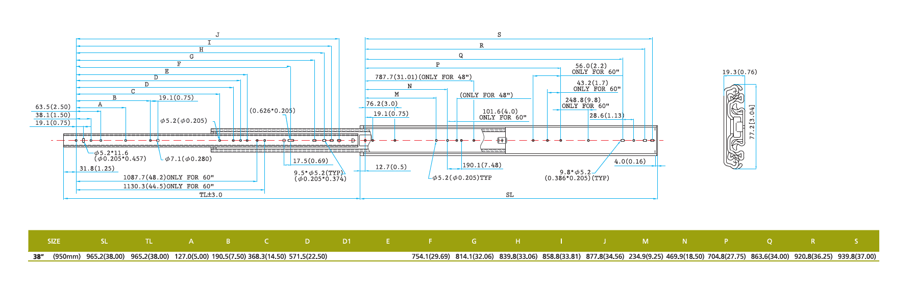 Drawer Slide, steel, extension length =965,2 mm and load capacity of 180 kg