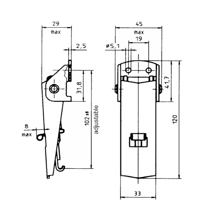 Toggle latch, steel, L=120, B=45, H=29, adjustable