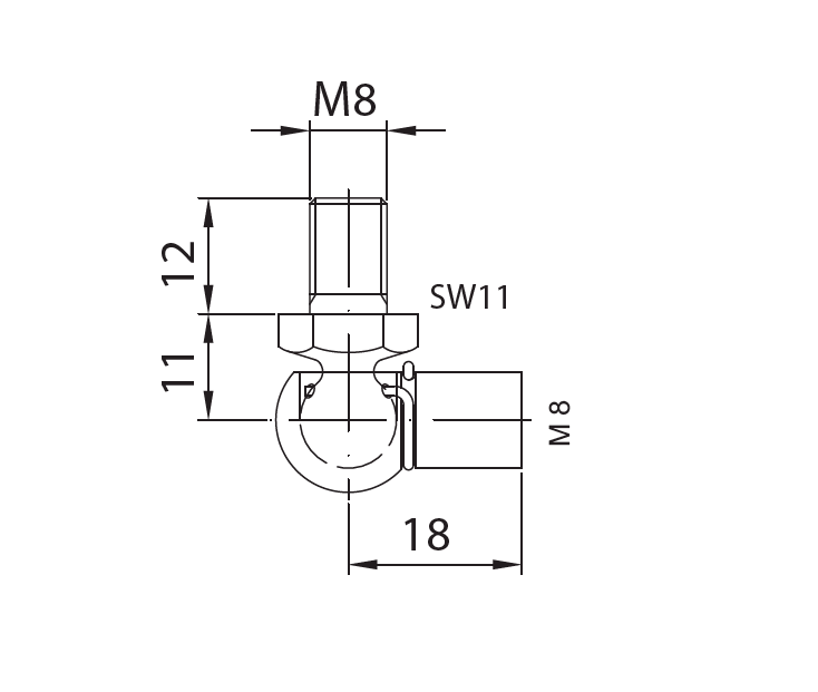 End Fitting, angle joint, stainless steel, M8, L = 18 mm