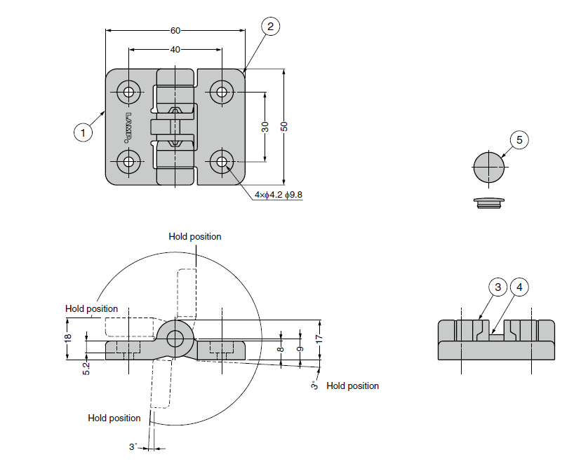 Detent hinge, black pom plastic, L=50, B=60, H=17