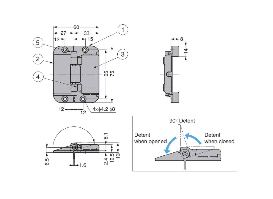 Detent hinge, die-cast zinc, L=75, B=60, H=13