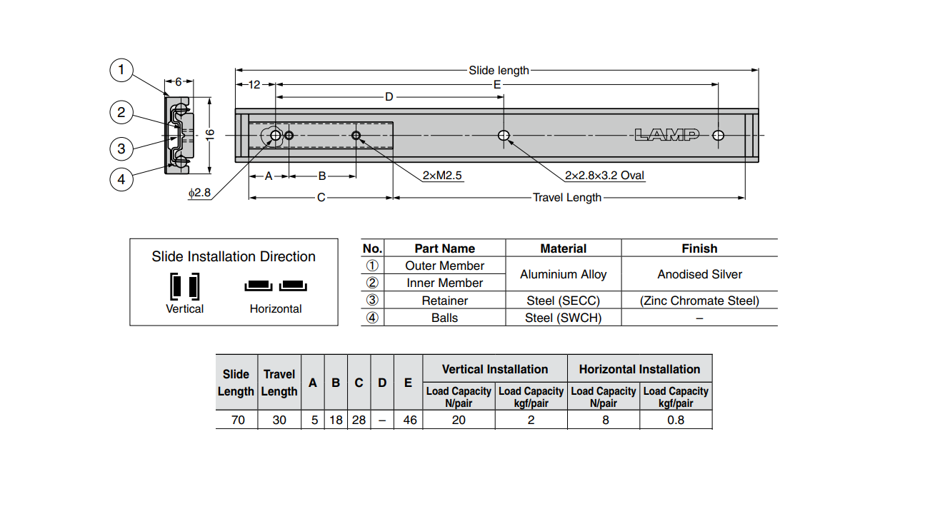 Drawer Slide, aluminium, extension lenght  =30 mm and load capacity of 2 kg