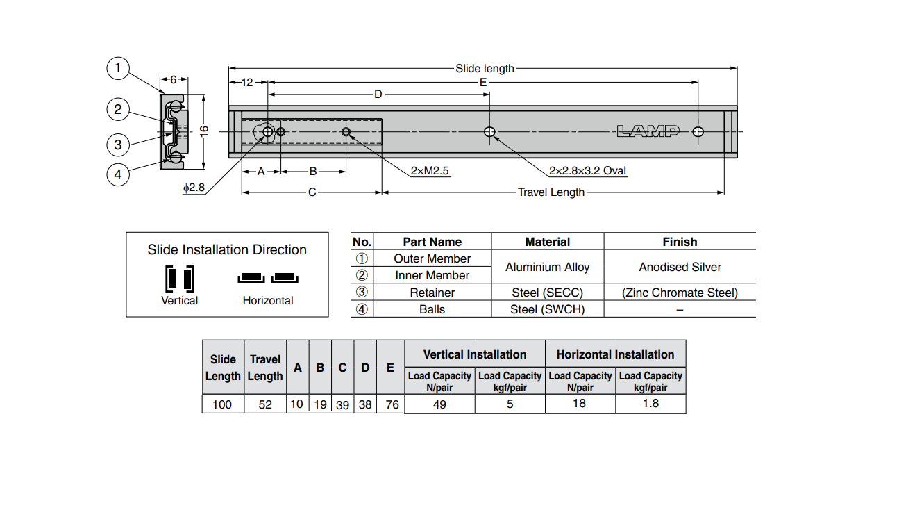 Drawer Slide, aluminium, extension lenght  =52 mm and load capacity of 5 kg