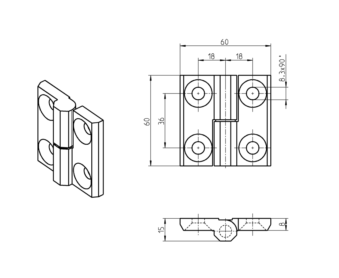 Cabinet hinge, right, die-cast zinc, prominent door - visible, lift off pin, L=60, B=60, H=15