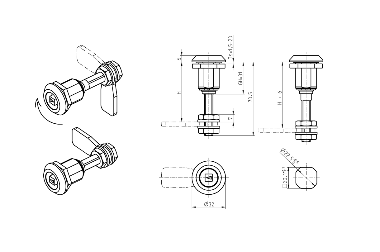 Compression latch, insert 90°, die-cast zinc, Square 8, stroke=6mm, adjustable, plate thickness=1,5-20mm