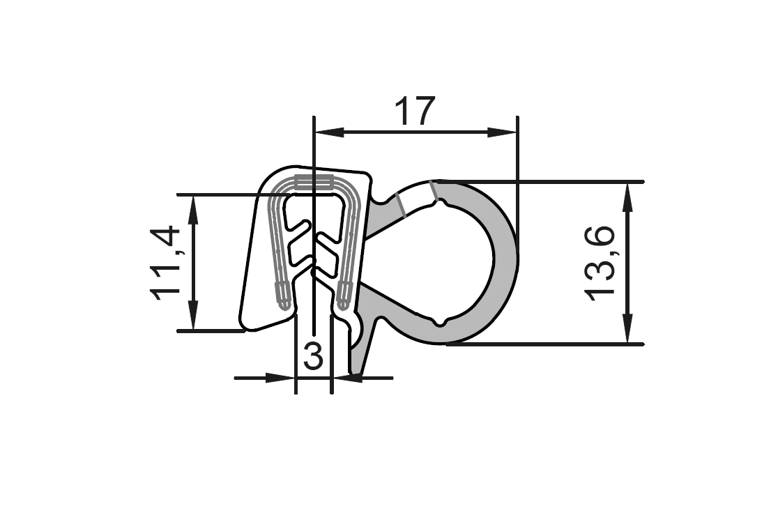 Edge profile w/side bulb, black EPDM, clamping width = 1,5 - 3mm