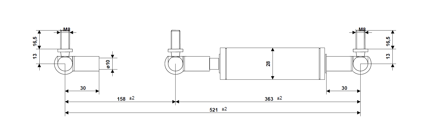 Damper, stainless steel, M8, cylinder diameter = 28 mm, force = 0 N, stroke length = 158 mm