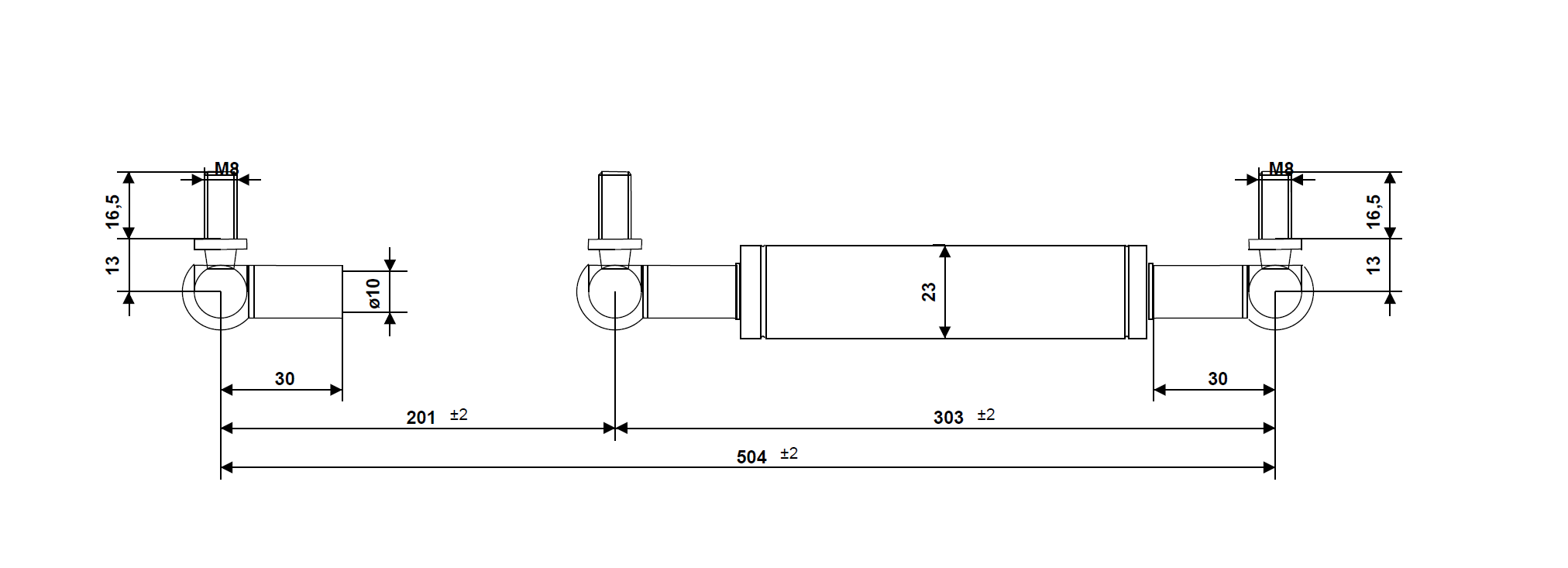 Gas spring, stainless steel, M8 thread, stroke length = 201 mm, Force = 850 N