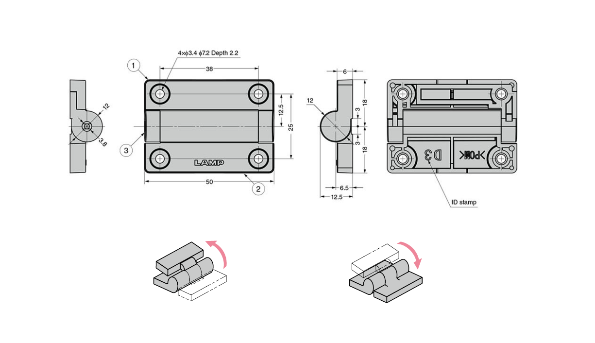 Hinge with damping, pom plastic, universal mounting, torque=0,038, L=50, B=36