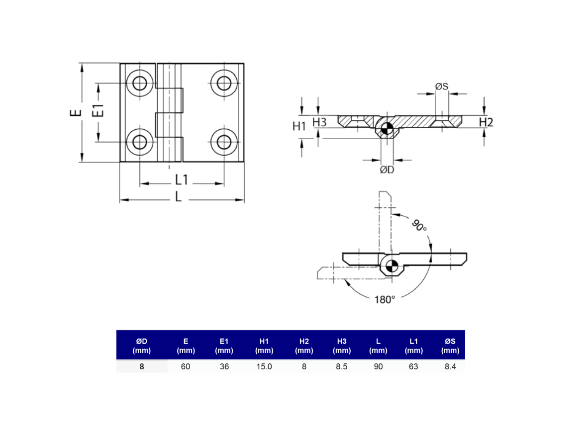 Cabinet Hinge, stainless steel, prominent door - visible, fixed pin, L=60, B=90, H=15