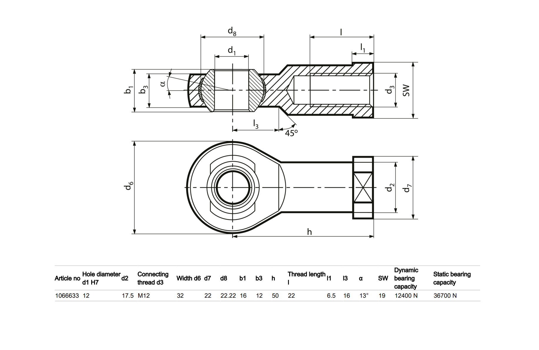 End Fitting, spherical eyelets, steel, M12, L = 50 mm