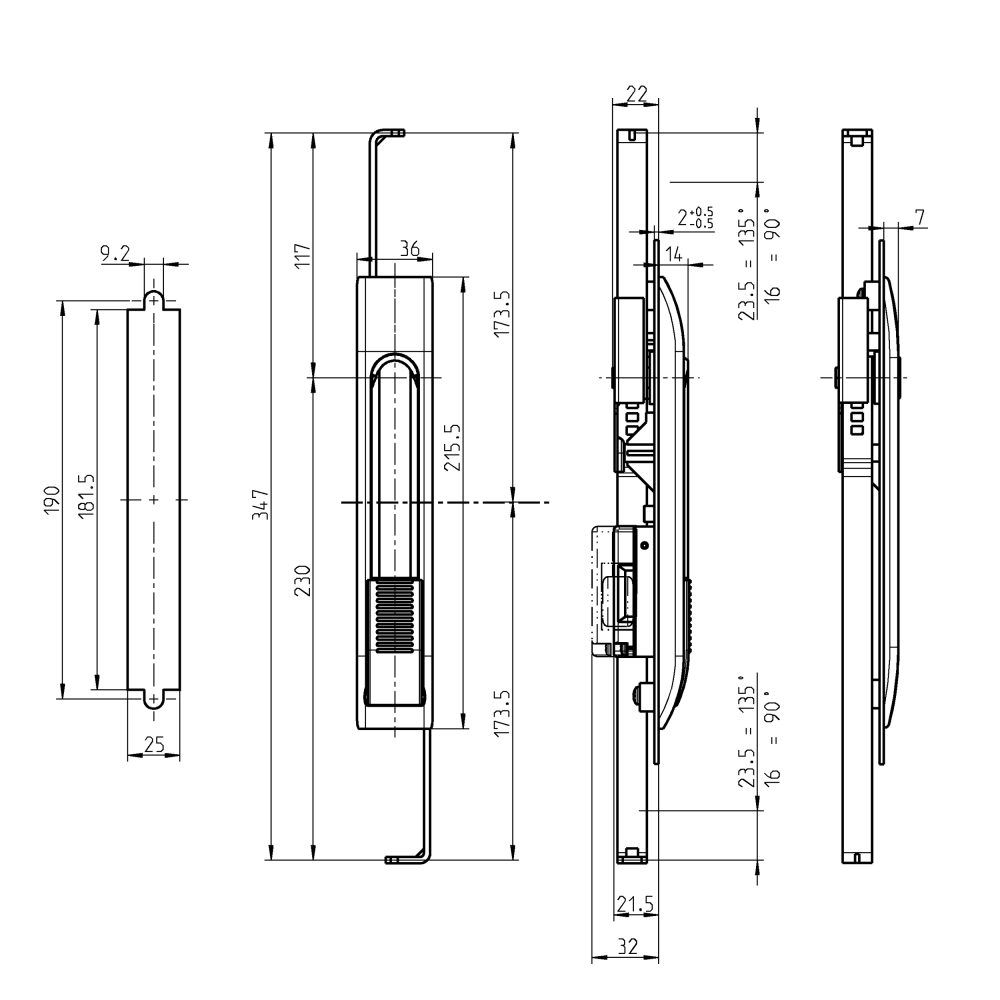 Escutcheon for swinghandle, glass fiber reinforced polyamide, insert, L=215,5, B=36, H=7, Plate thickness=1,5-2,5