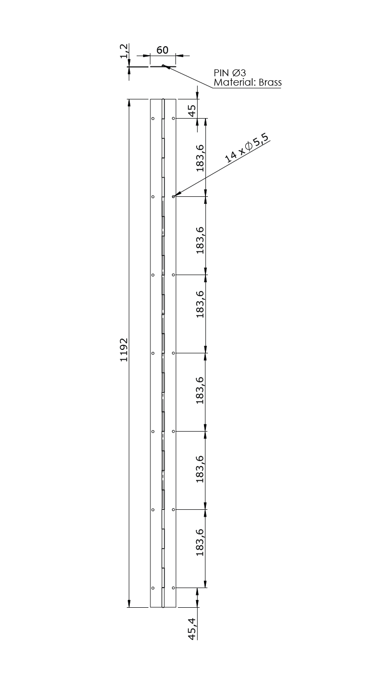Piano hinge w/holes, steel, L=1192, B=60, T=1,2