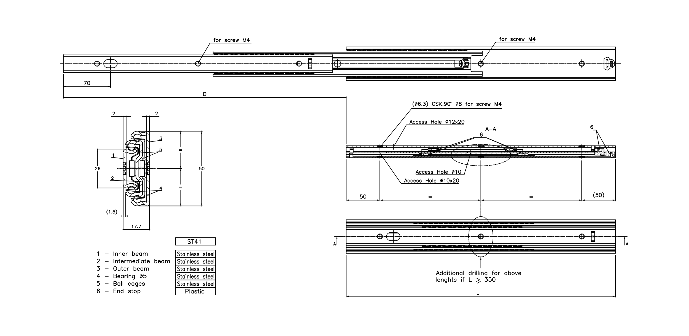 Drawer Slide, acid proof stainless steel, extension lenght  =1115 mm and load capacity of 30 kg