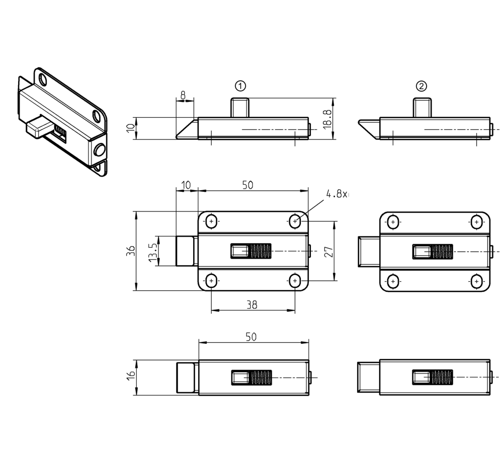 Slam lock, steel, screw mounting, length=60, width=36, height=18,8