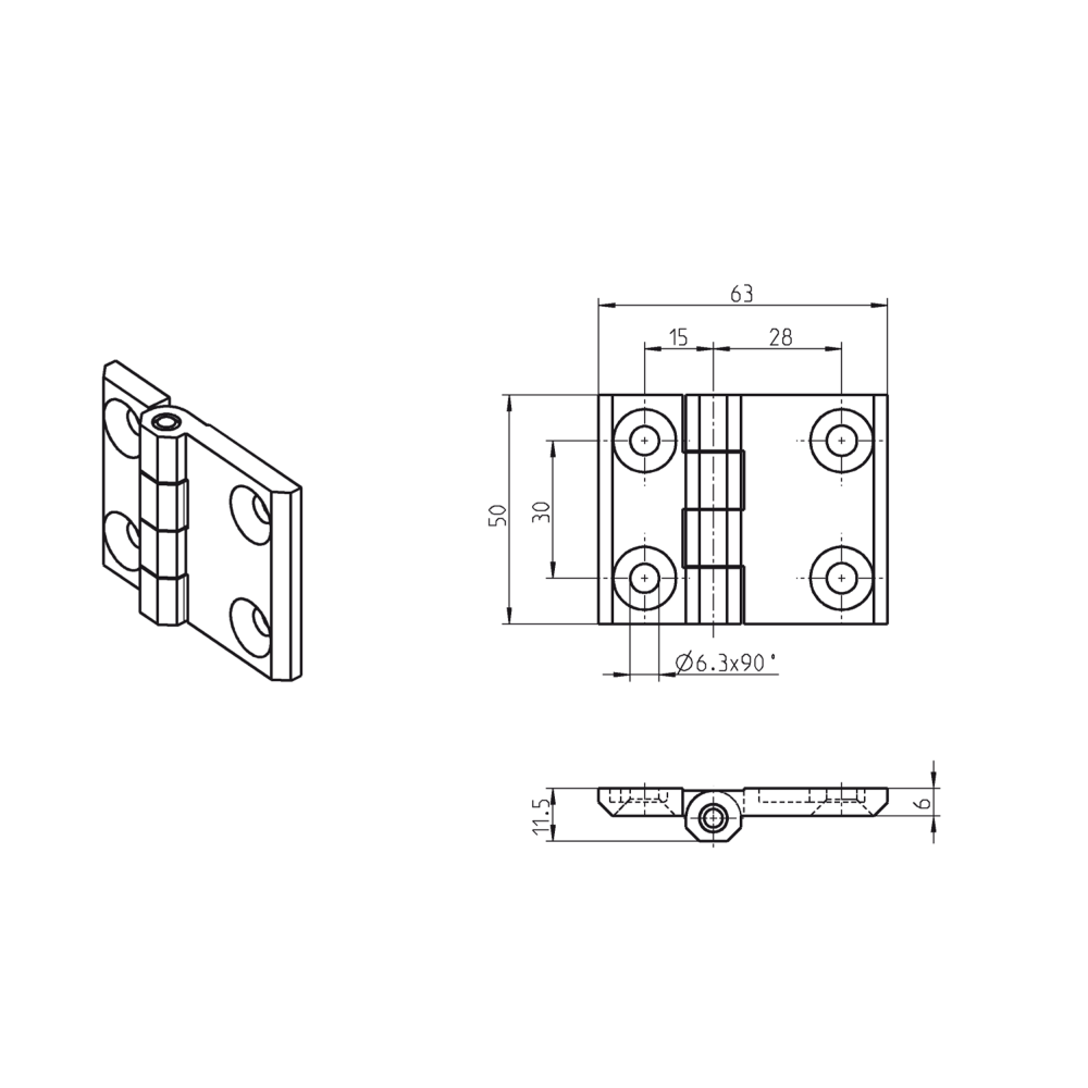 Cabinet Hinge, die-cast zinc, prominent door - visible, fixed pin, L=50, B=63, H=11,5