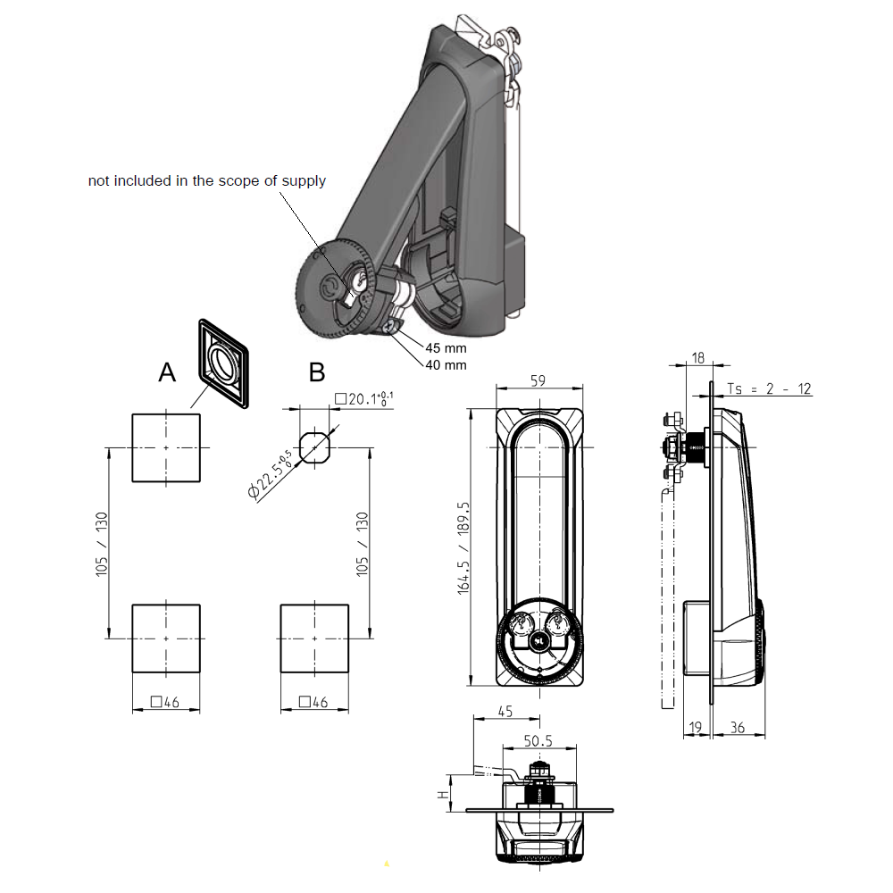 Swinghandle, die-cast zinc, profile half cylinder, L=165, B=59, H=36, Plate thickness=2-12