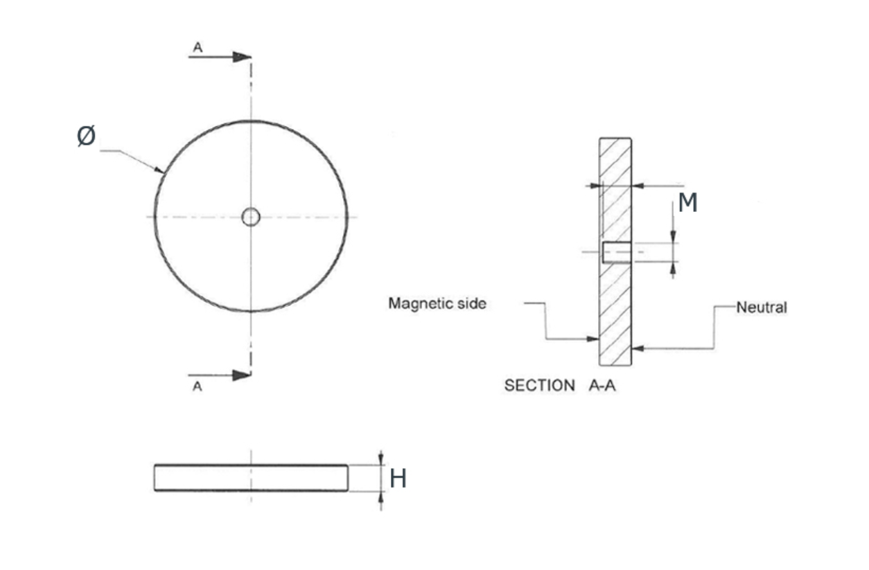 Rubber coated magnet, circular, M4, H=6mm , F=85N