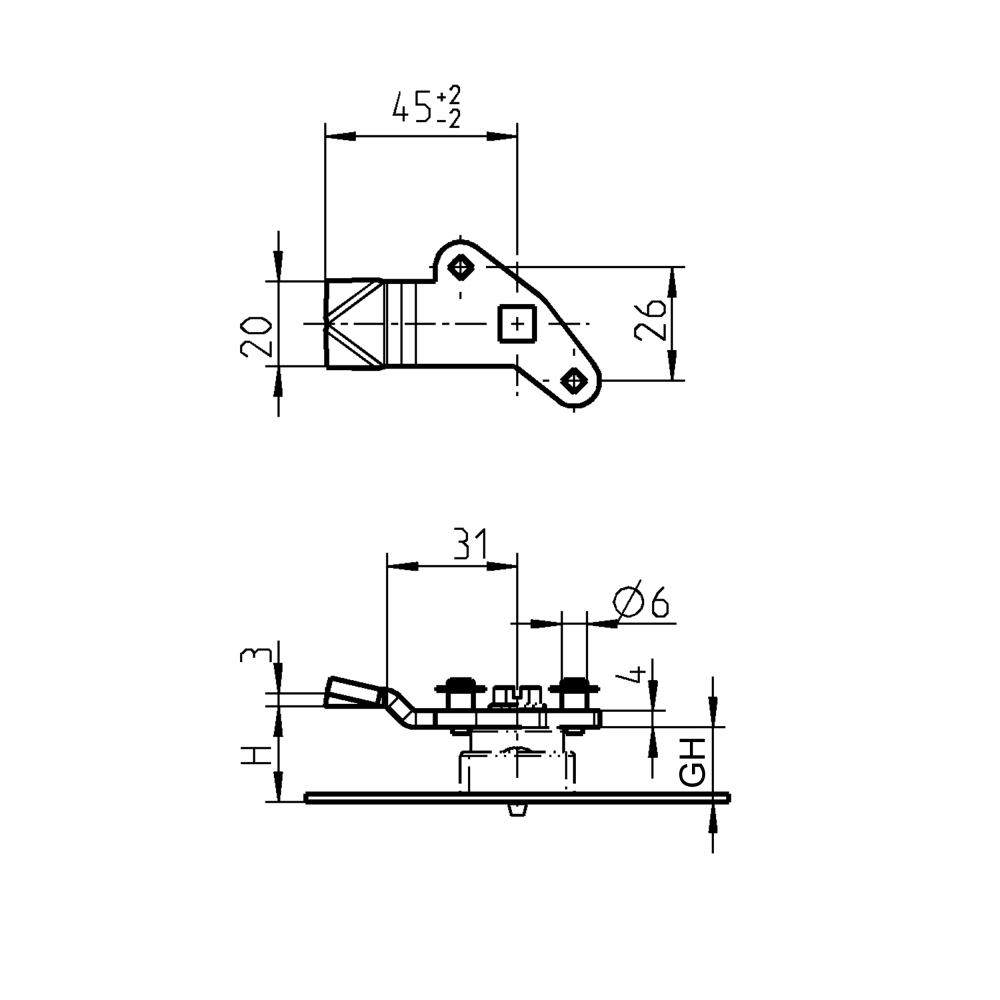Cam, rod control, steel, L=45, B=20, offset height=17 mm