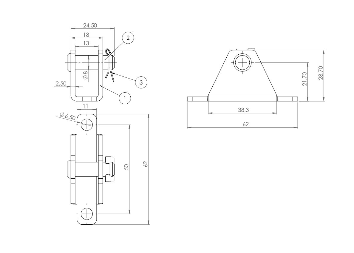 Bracket, steel, u-shape axis, axis diameter = 8 mm