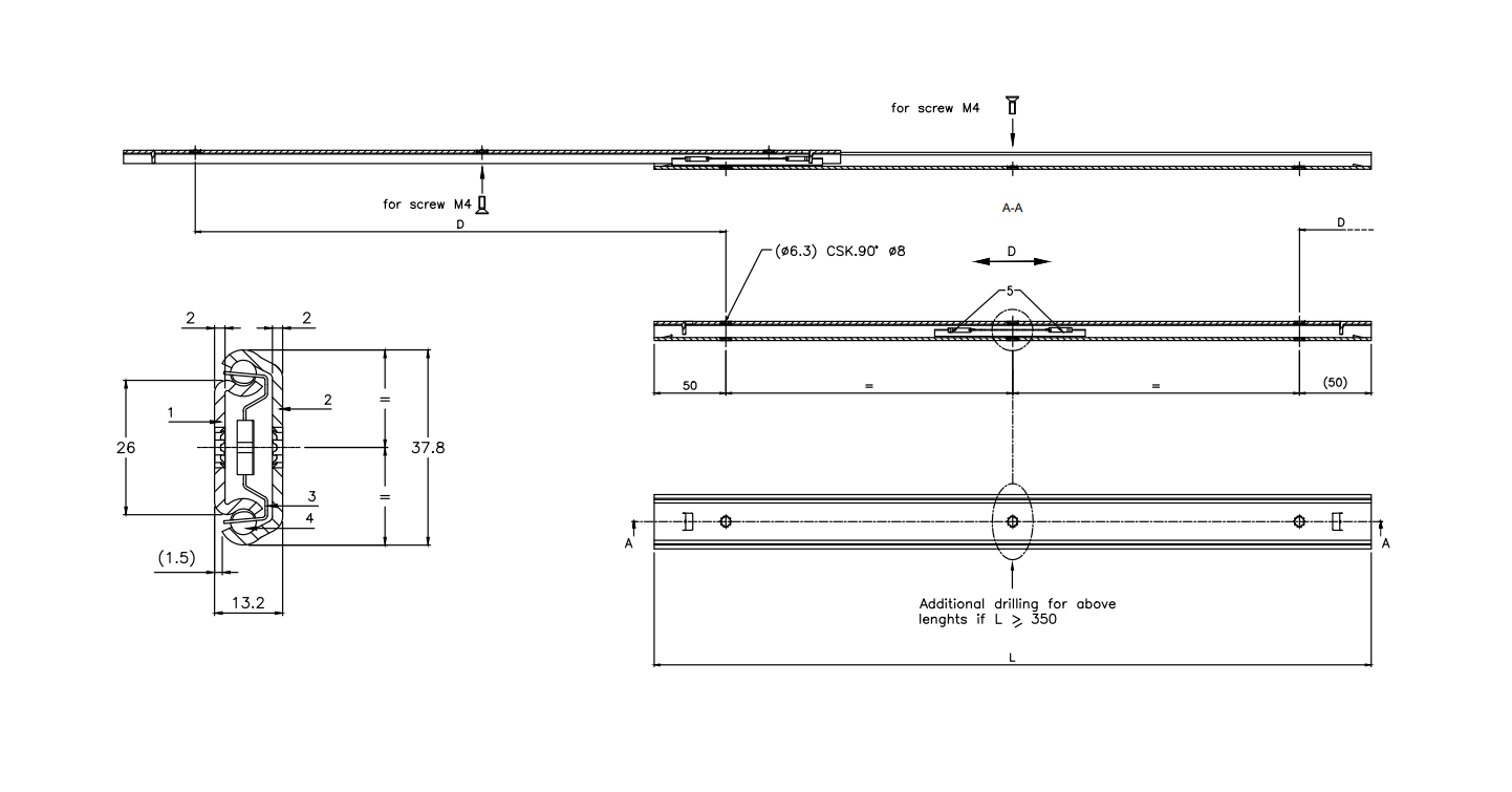 Drawer Slide, stainless steel, extension length =450 mm and load capacity of 75 kg