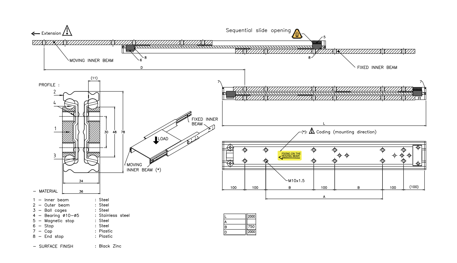Drawer Slide, steel, extension length =2000 mm and load capacity of 225 kg