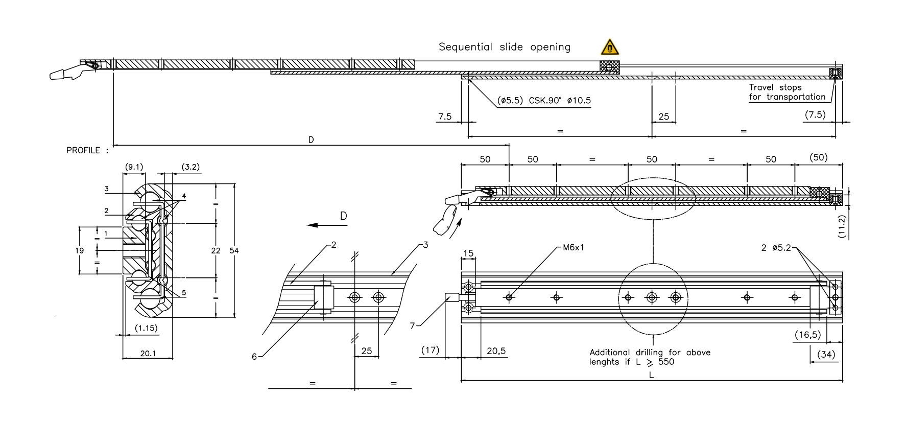 Drawer Slide, steel, extension length =515 mm and load capacity of 174 kg