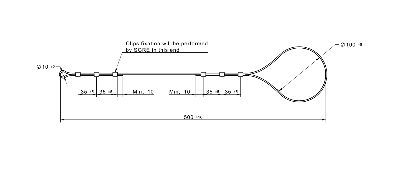 Wire assembly, steel, diameter = 1,3 - 2,3mm, L= 500mm