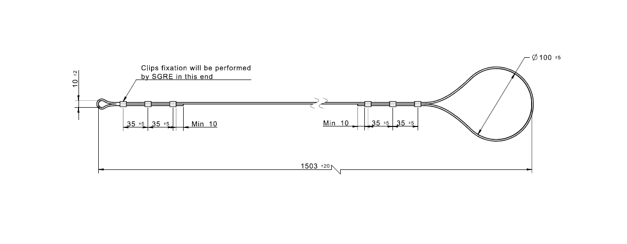Wire assembly, steel, diameter = 1,3 - 2,3mm, L= 1503mm
