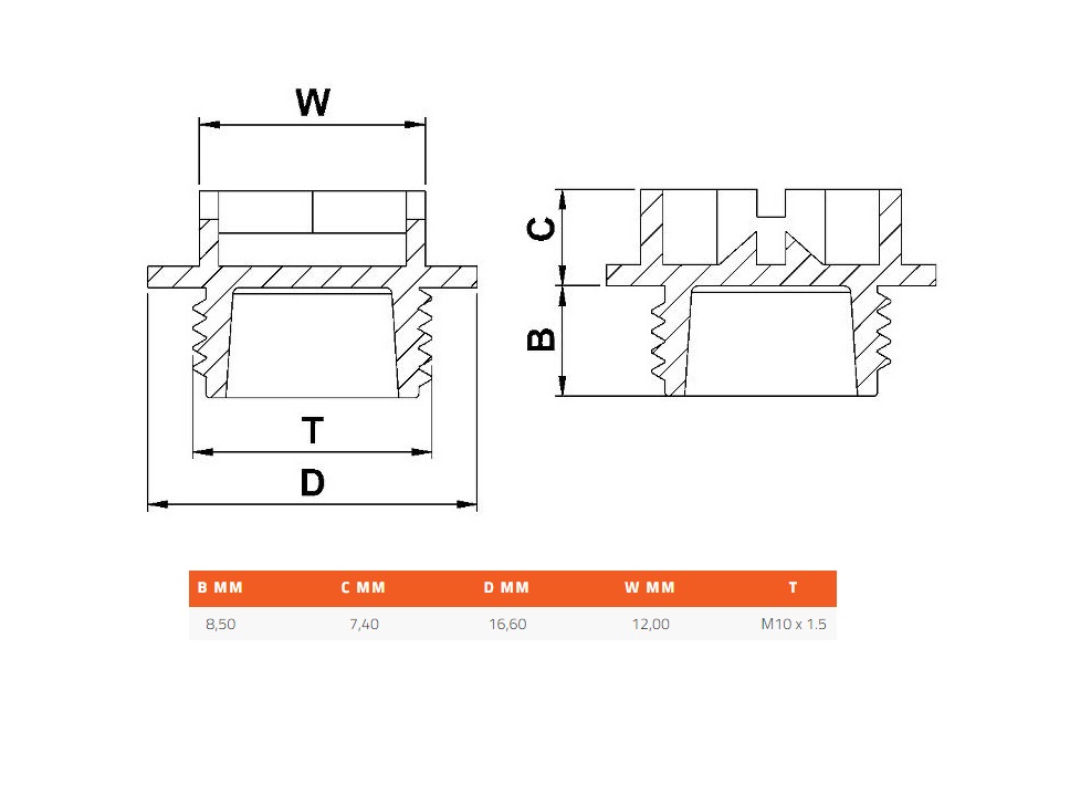 Screw plug, circular, polyethylene, diameter=16,6, M10x1,5 thread