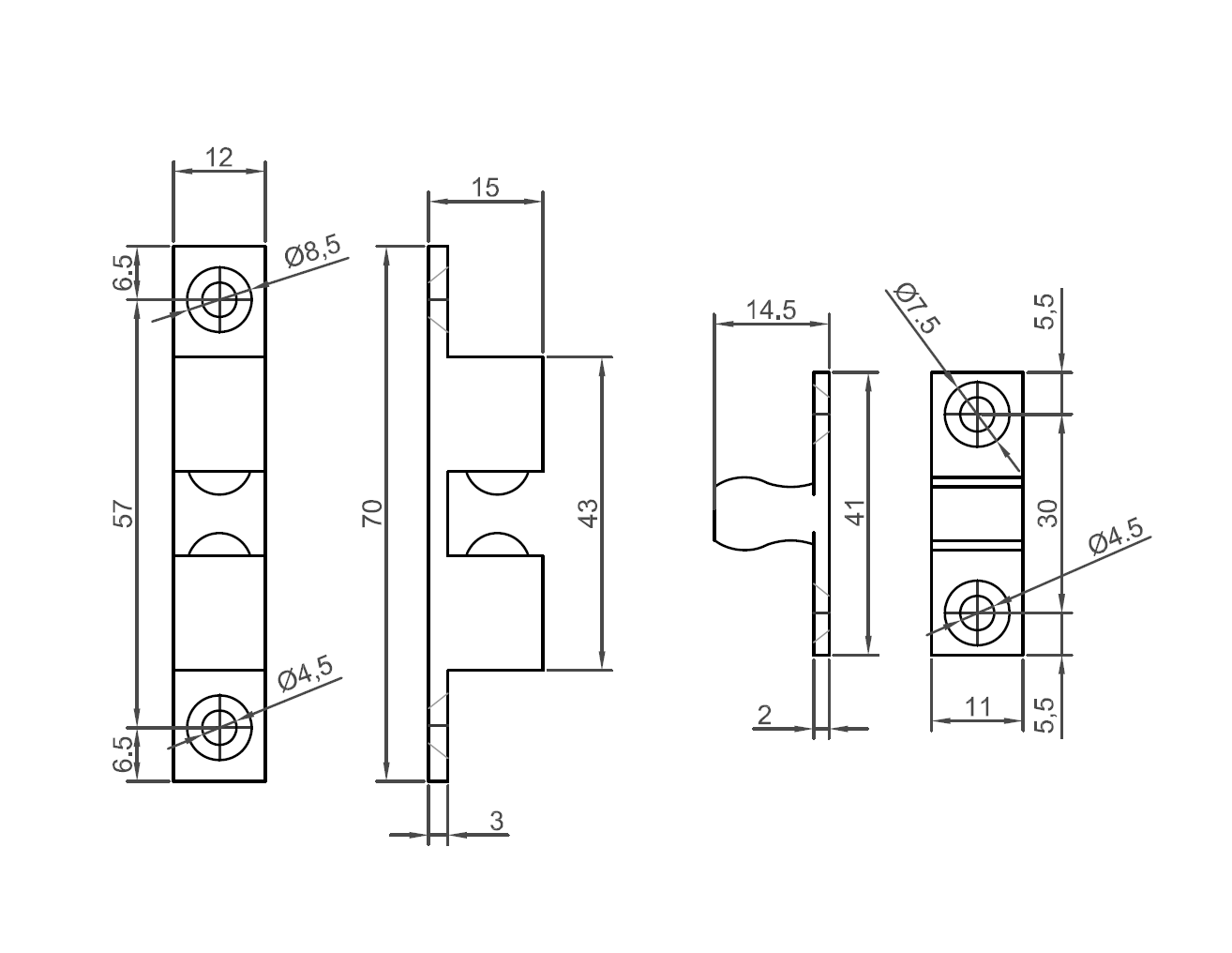 Tension catch, brass, screw mounting, length=70, width=12, height=15