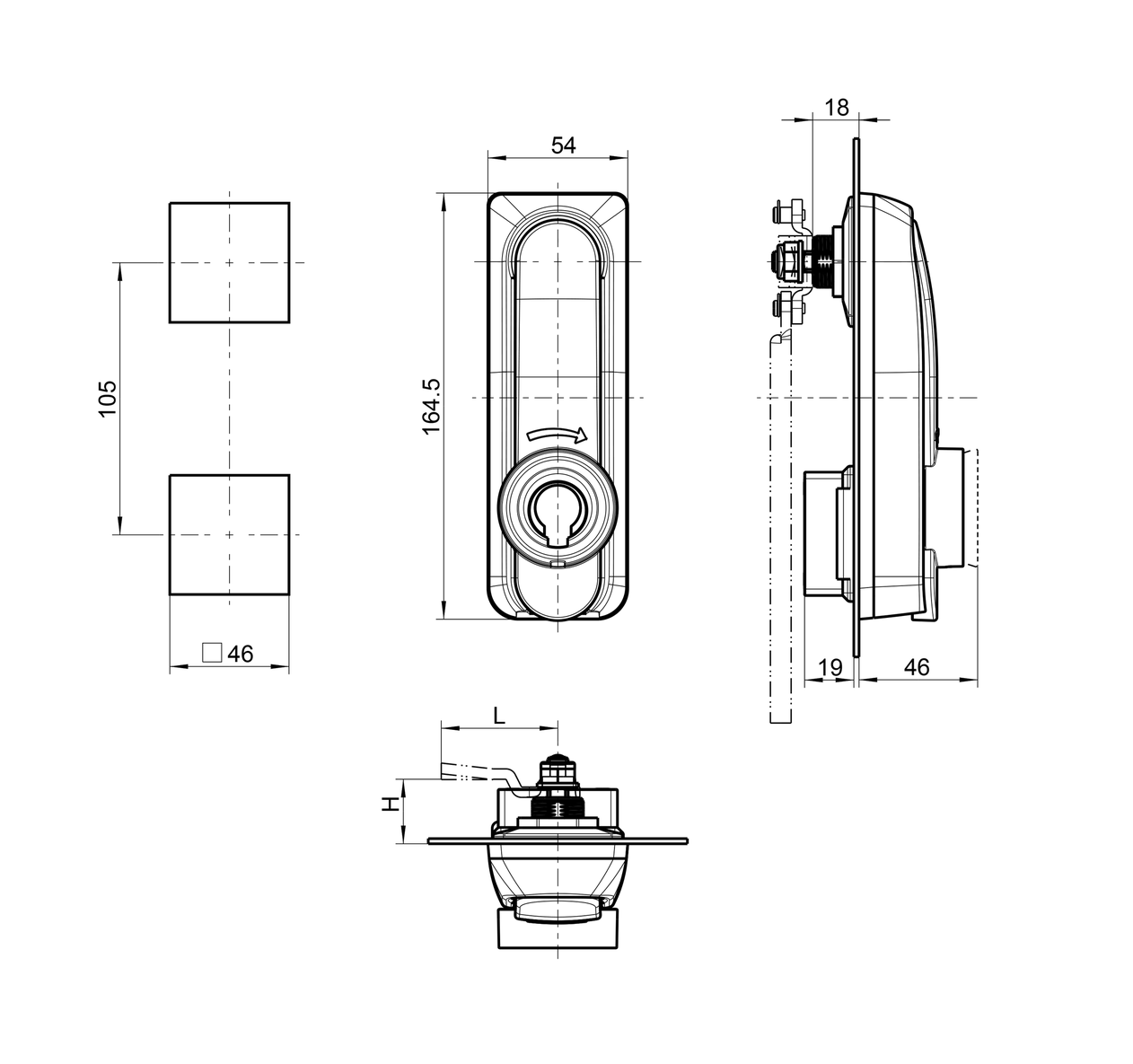 Swinghandle, die-cast zinc, iLOQ cylinder, L=164,5, B=54, H=46, Plate thickness=2-6