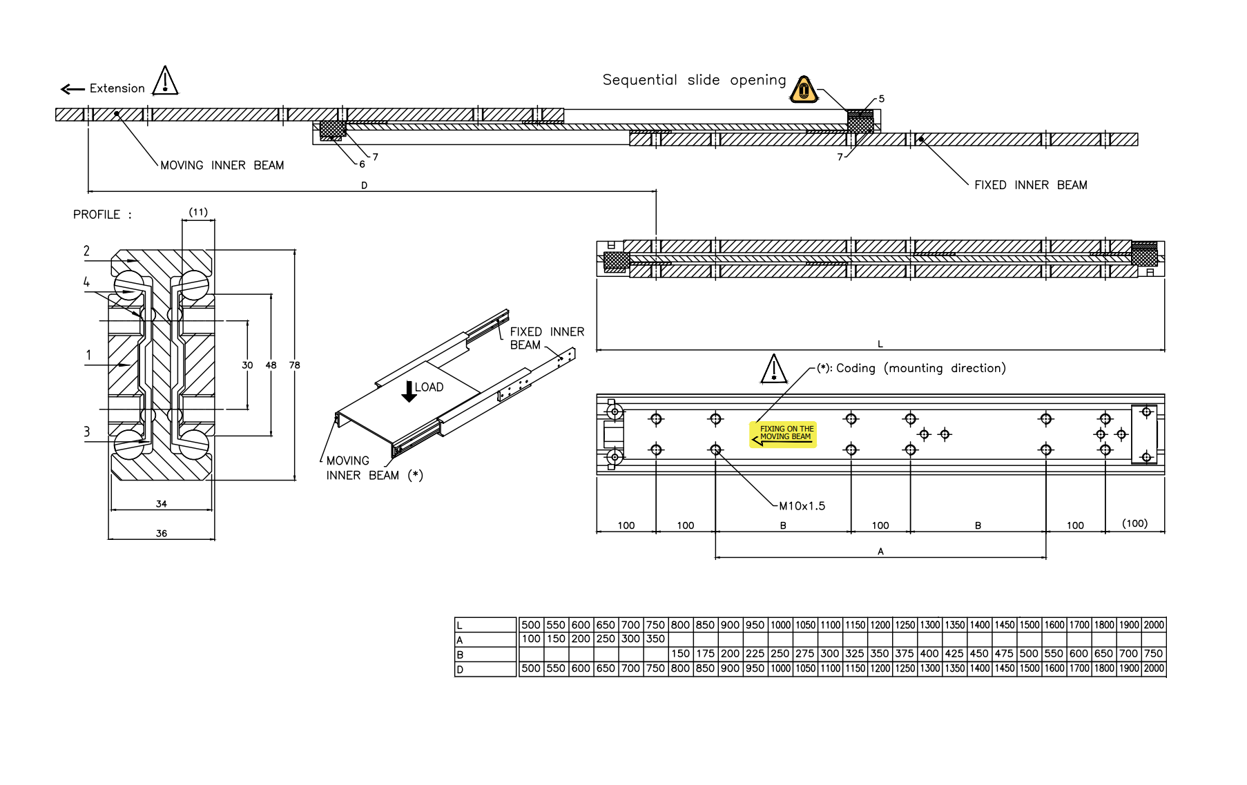Drawer Slide, steel, extension length =1150 mm and load capacity of 780 kg