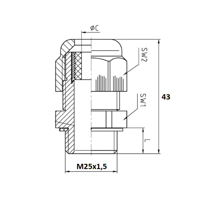 Cable gland, nut, M25x1,5, cable diameter=8-17mm