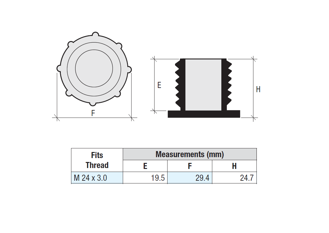 Screw plug, circular, polyethylene, diameter=29,4, M24x3,0 thread