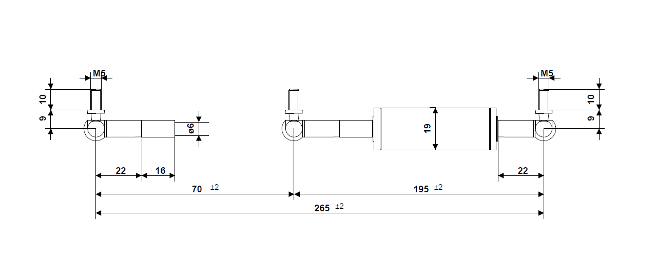 Tension Gas Springs, steel, M5 thread, stroke length = 70 mm, force = 150 N