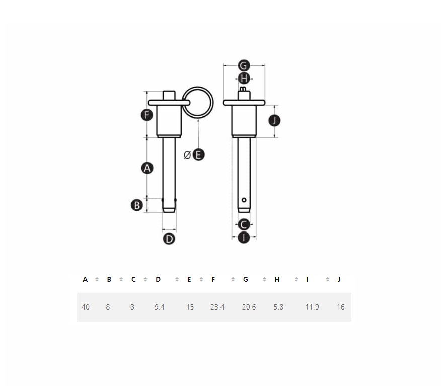 Ball lock pin with lift ring, stainless steel, pin diameter = 8mm, height = 40mm