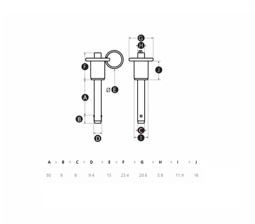 Ball lock pin with lift ring, stainless steel, pin diameter = 8mm, height = 50mm