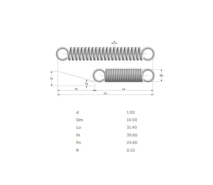Extension spring, stainless steel, d=1mm, Dm=10mm, Lo=31,4mm