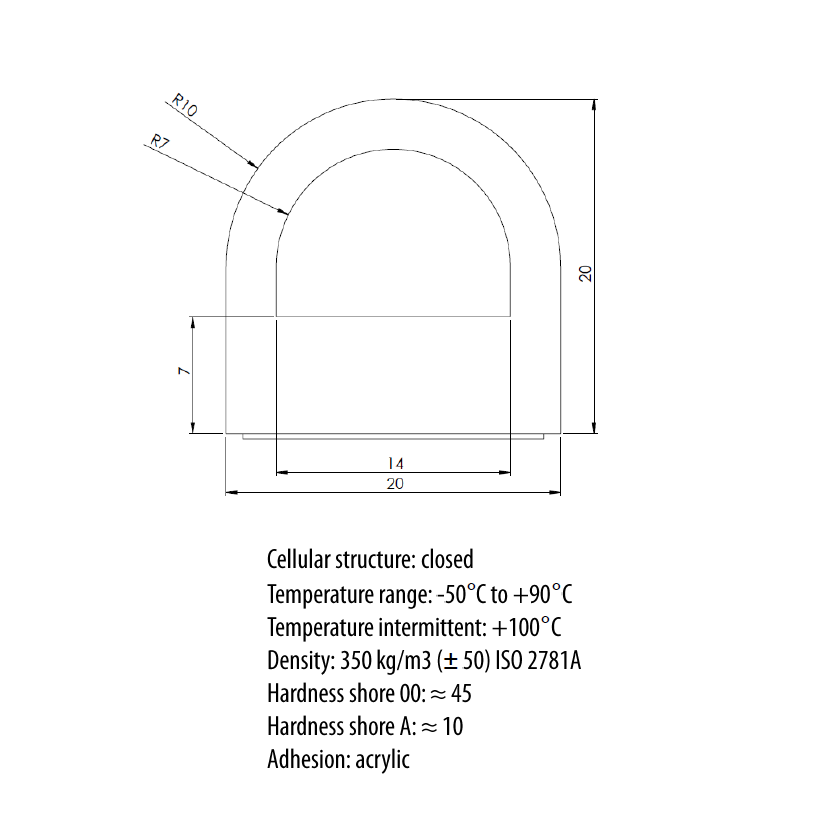 Expanded rubber with glue, d-profile, black epdm, W=20, H=20