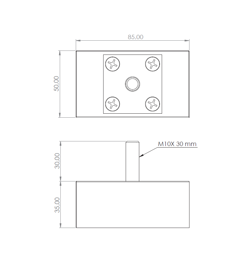 Rubber molded magnet, square, M10, H=35mm , F=3500N