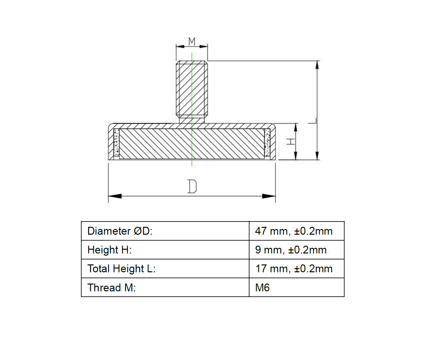 Pot magnet, circular, M6, H=9mm , F=180N