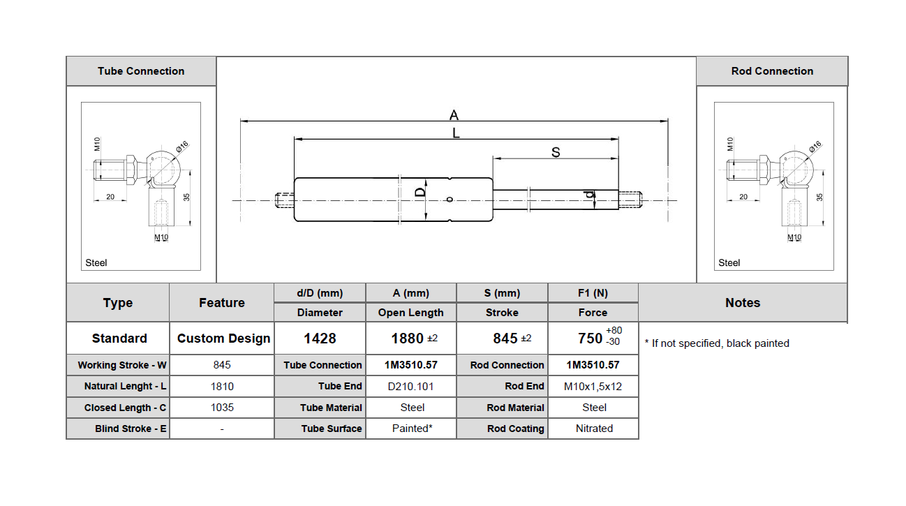Gas spring, steel, M10 thread, stroke length = 845 mm, force = 750 N