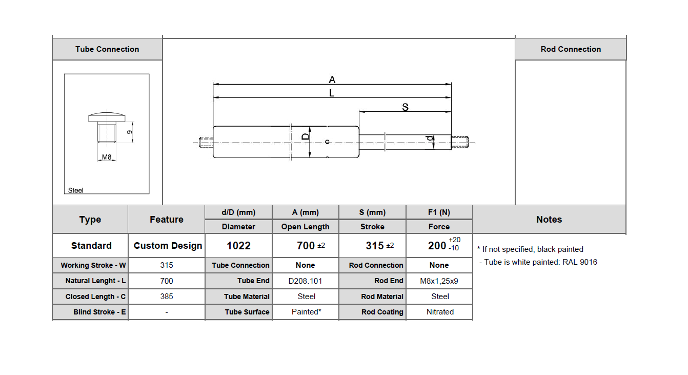 Gas spring, steel, M8 thread, stroke length = 315 mm, force = 200 N
