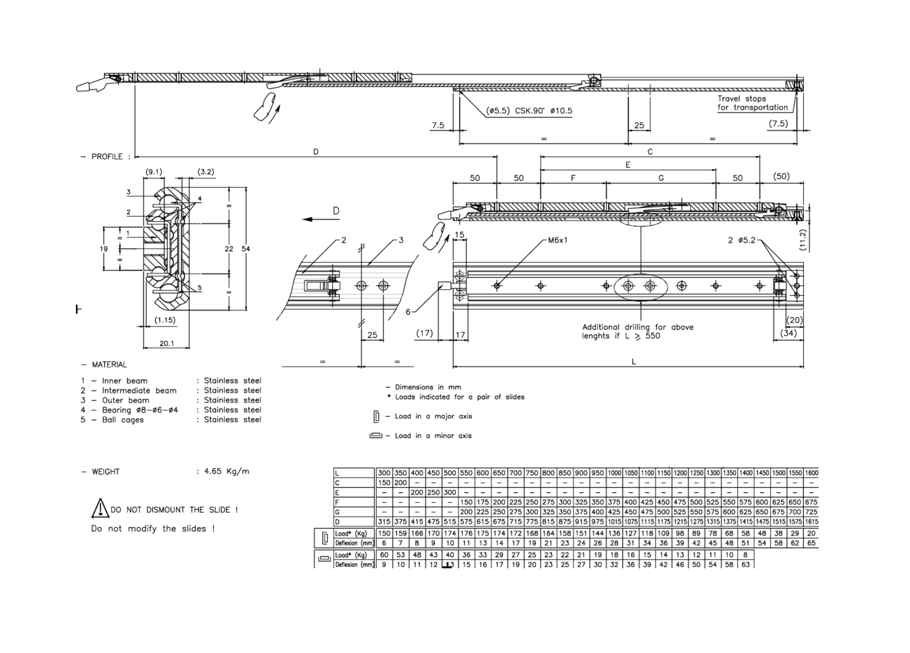 Drawer Slide, stainless steel, extension lenght =975 mm and load capacity of 144 kg