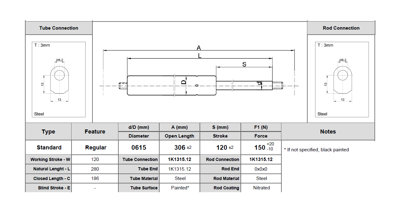Gas spring, steel, welded thread, stroke length = 120 mm, force = 150 N