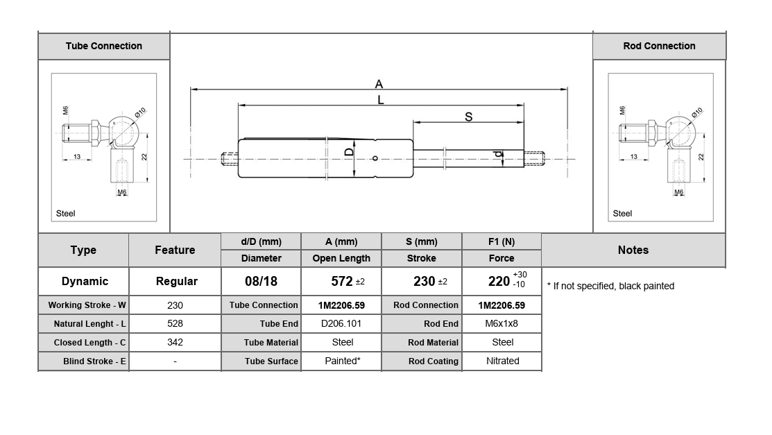 Gas spring, steel, M8 thread, stroke length = 237 mm, force = 125 N