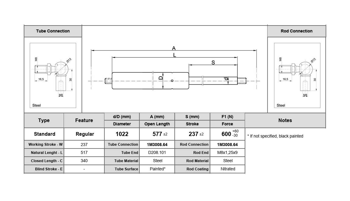 Gas spring, steel, M8 thread, stroke length = 237 mm, force = 600 N