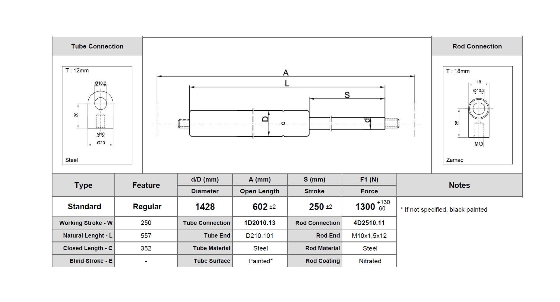 Gas spring, steel, M10 thread, stroke length = 250 mm, force = 1300 N